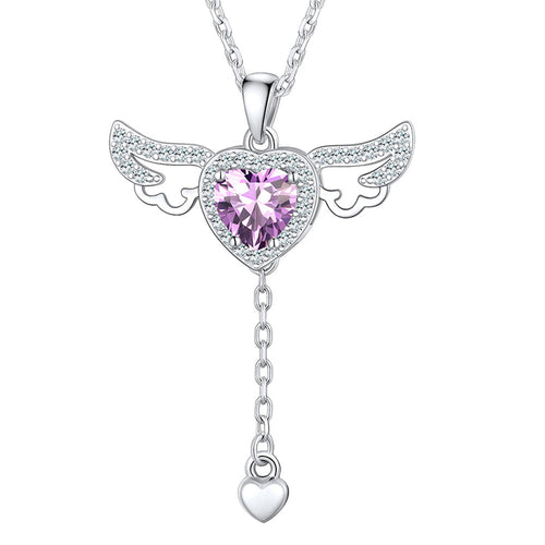 Sterling Silver Cupid Heart Birthstone Necklace With Angel Wings