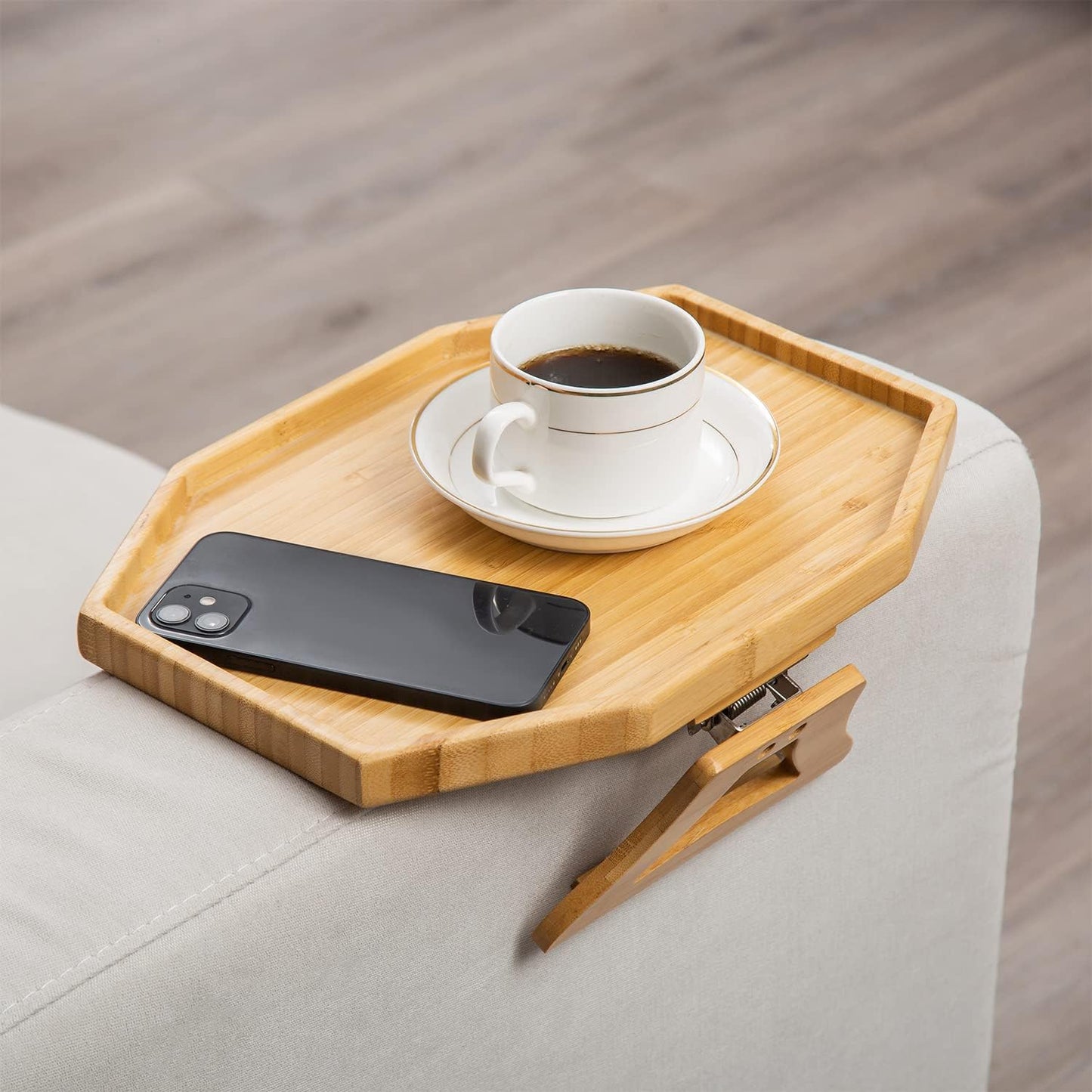 Custom Bamboo Foldable Clip-on Sofa Arm Tray