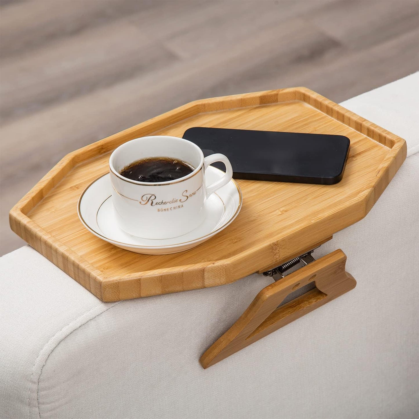 Custom Bamboo Foldable Clip-on Sofa Arm Tray