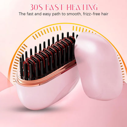 Portable Mini Hair Straightener Brush – Cordless, Rechargeable, 3 Temperature Levels
