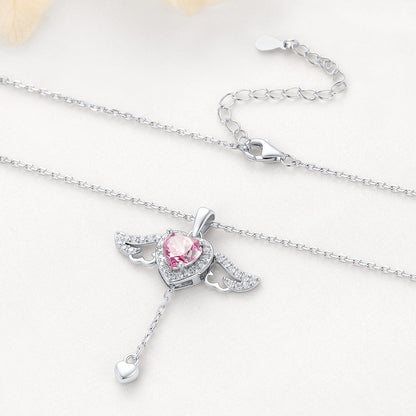 Sterling Silver Cupid Heart Birthstone Necklace With Angel Wings