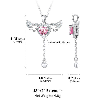 Sterling Silver Cupid Heart Birthstone Necklace With Angel Wings