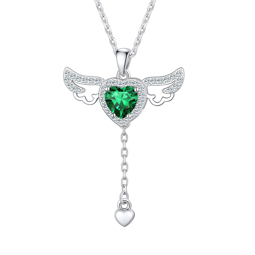 Sterling Silver Cupid Heart Birthstone Necklace With Angel Wings