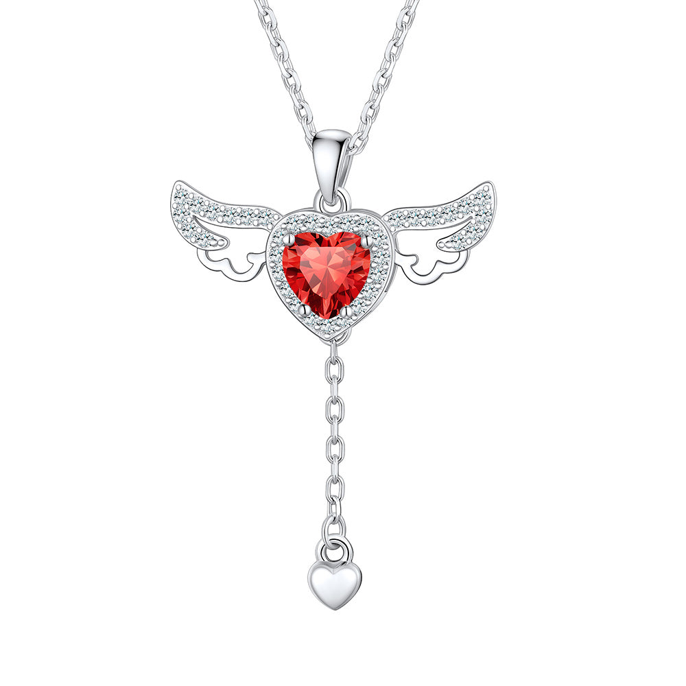 Sterling Silver Cupid Heart Birthstone Necklace With Angel Wings