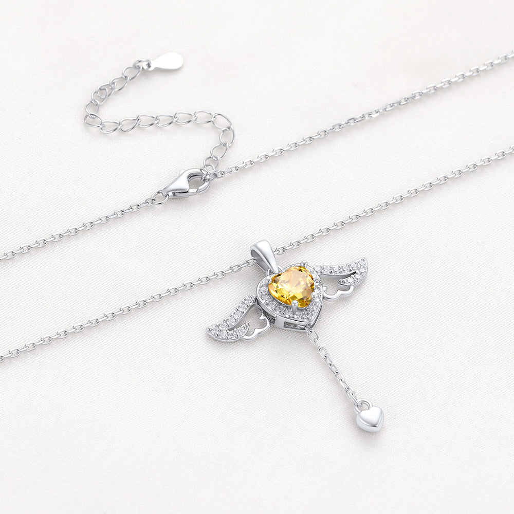 Sterling Silver Cupid Heart Birthstone Necklace With Angel Wings