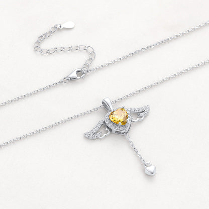 Sterling Silver Cupid Heart Birthstone Necklace With Angel Wings