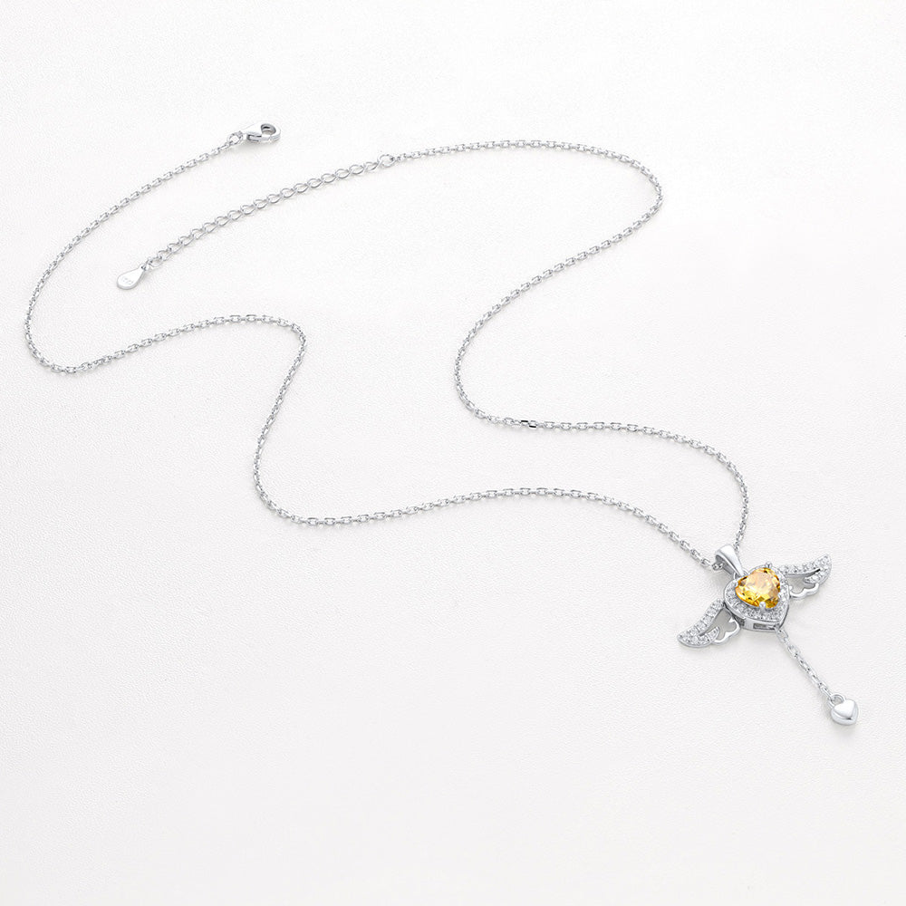 Sterling Silver Cupid Heart Birthstone Necklace With Angel Wings