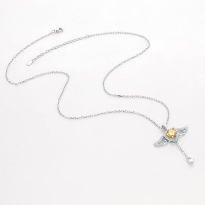 Sterling Silver Cupid Heart Birthstone Necklace With Angel Wings